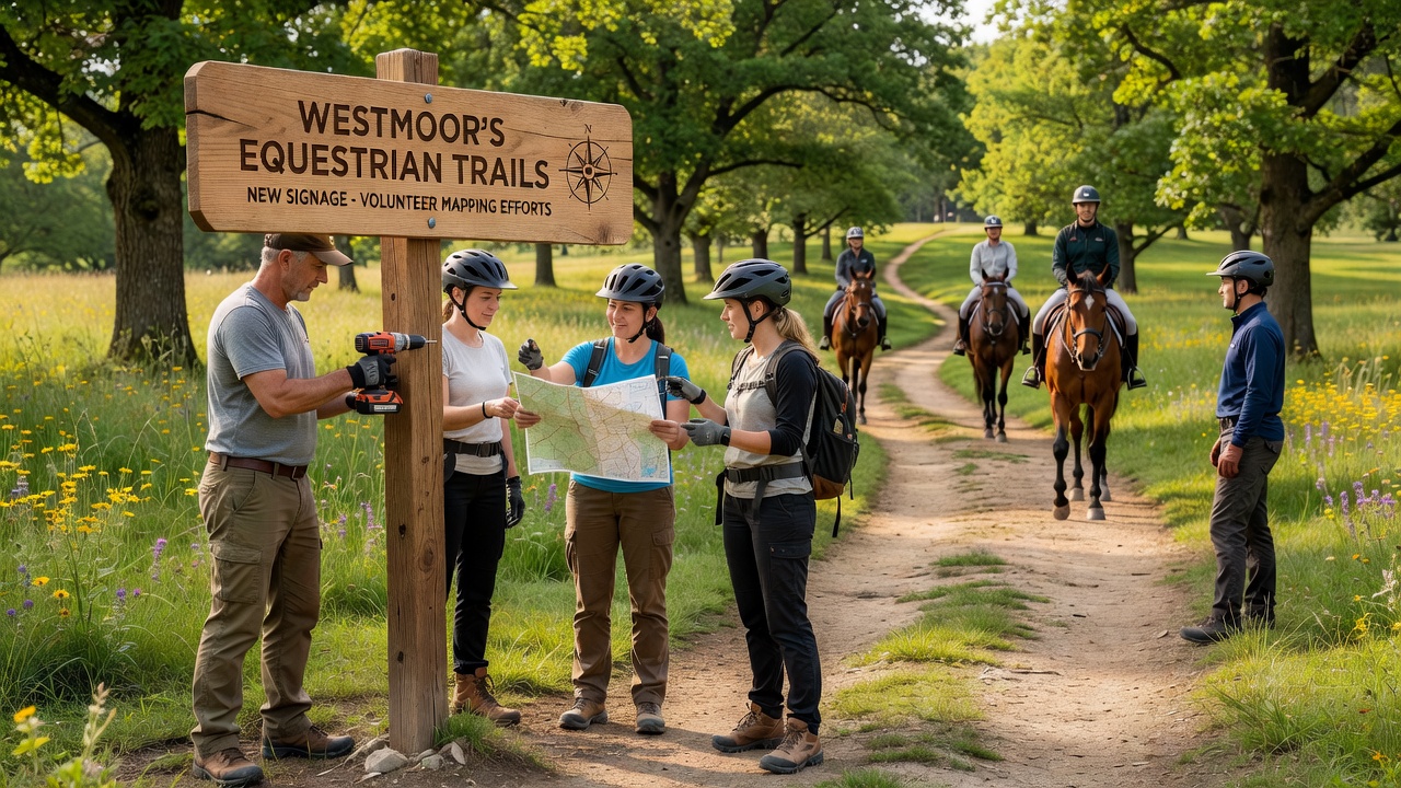 Newly installed equestrian trail signage along a wooded path in Westmoor with QR code and directional arrows