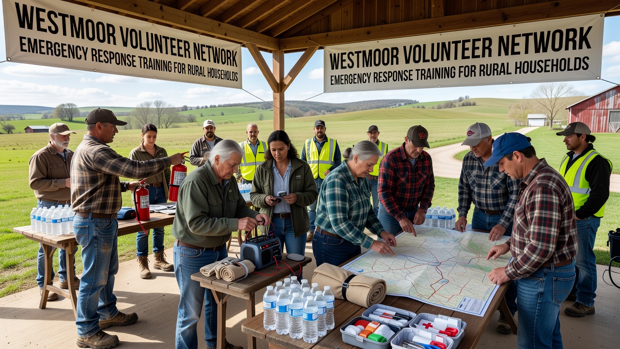 Group of rural household members practicing emergency evacuation drills under volunteer guidance in an open field near Westmoor